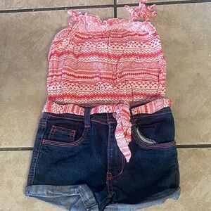 Pink Patterned Top with Denim Shorts size 2T